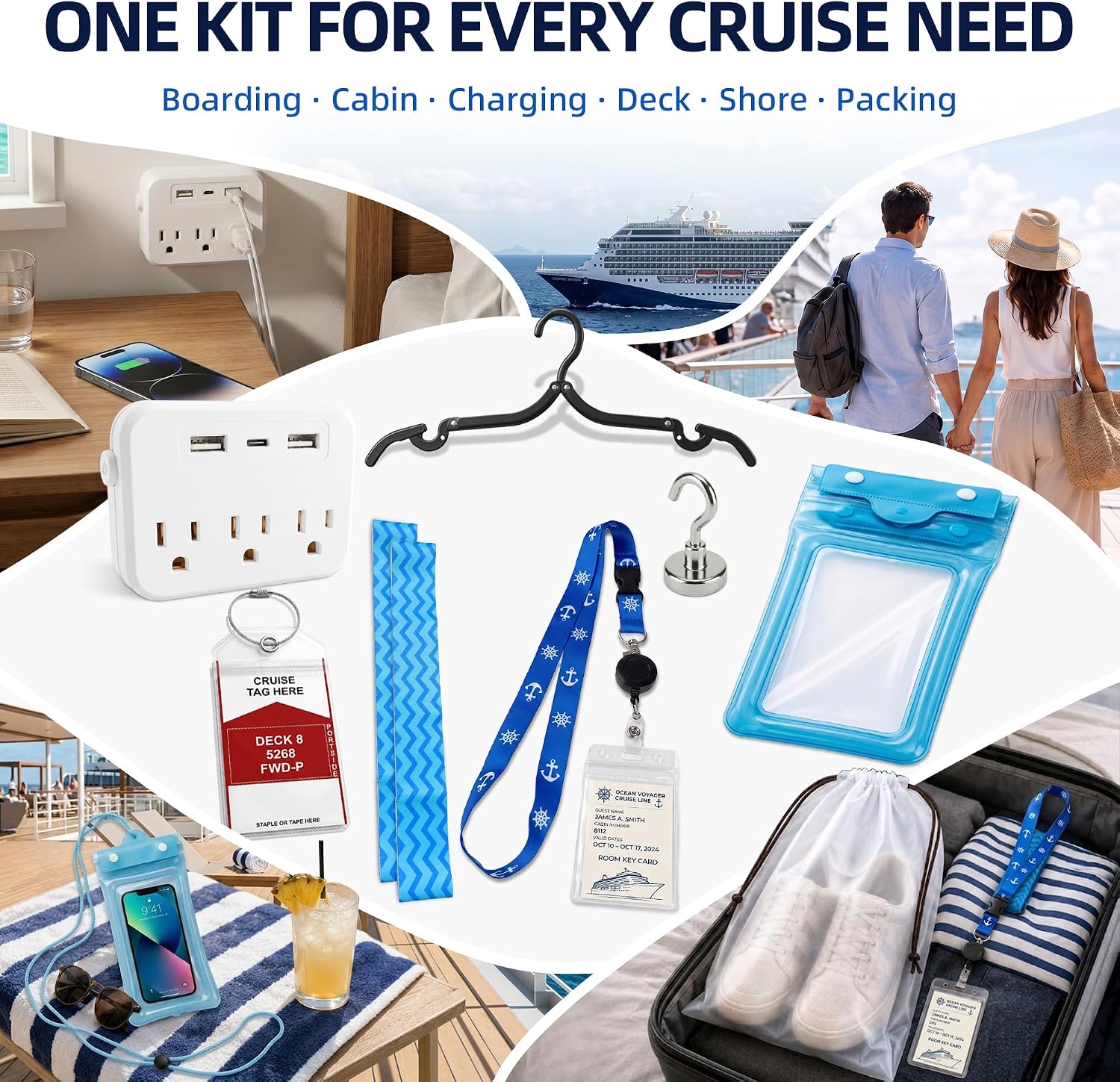 Cruise Essentials 2026, 24PCS Cruise Ship Must Haves Kit for Boarding, Cabin Setup, Deck Days & Port Trips, Non-Surge Po