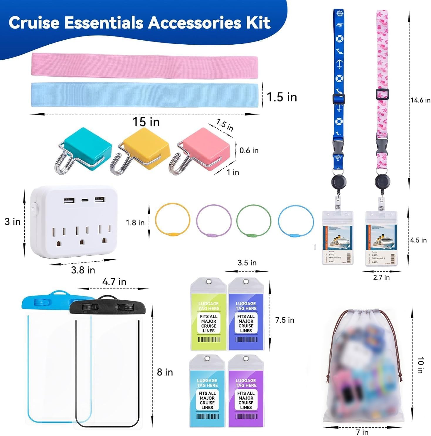 Hesucvet Cruise Essentials 2026, 17PCS Complete Cruise Must Haves Kit with Non-Surge Power Strip, Cruise Lanyards, Water
