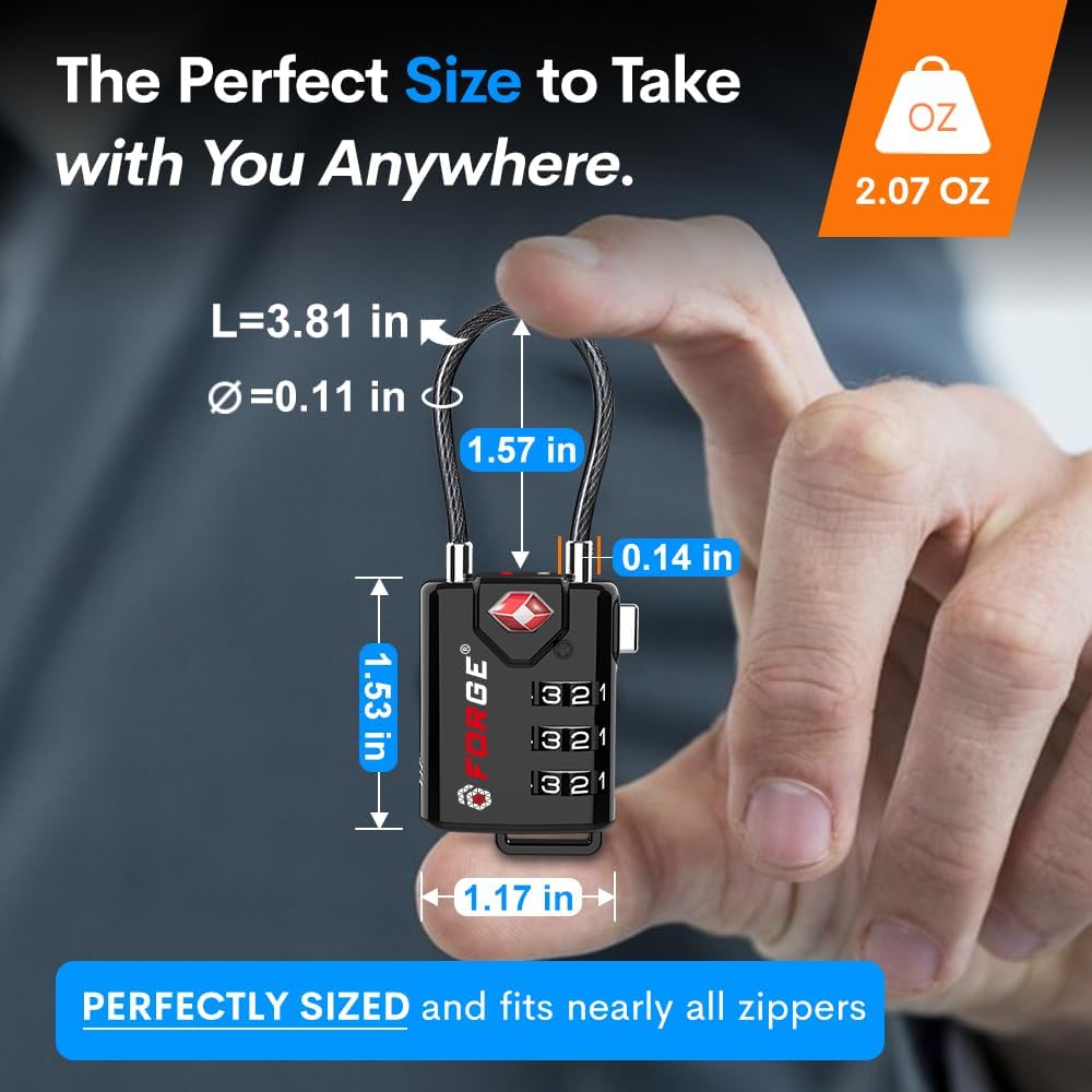 TSA Approved Cable Luggage Locks, Re-settable Combination with Alloy Body, Black 2 Locks. — view 2